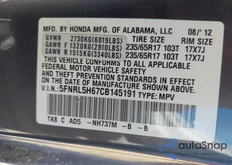 2012 Honda Odyssey Ex-L from USA, damaged, VIN 5FNRL5H67CB145191